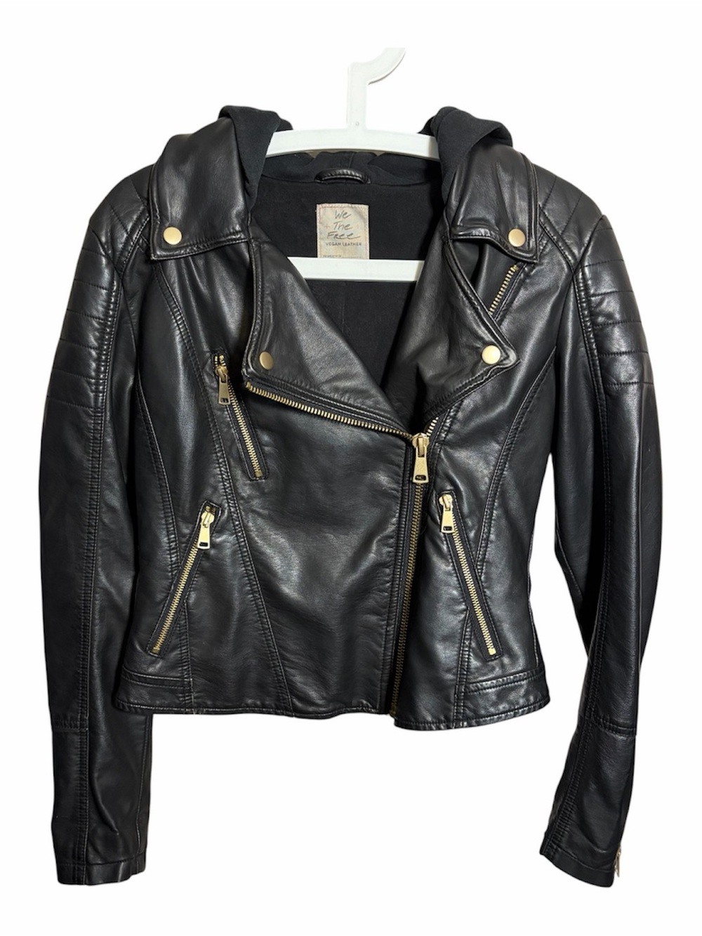 We The Free Harriet Black Faux Leather Moto Jacket with Gold Hardware and Hood